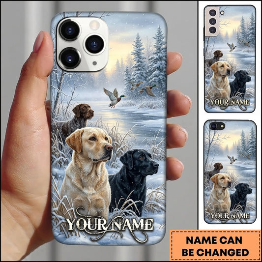Maxcorners Duck Hunting Yellow Labrador Retriever and Black Labrador Winter Lake Personalized Name 3D Phone Case