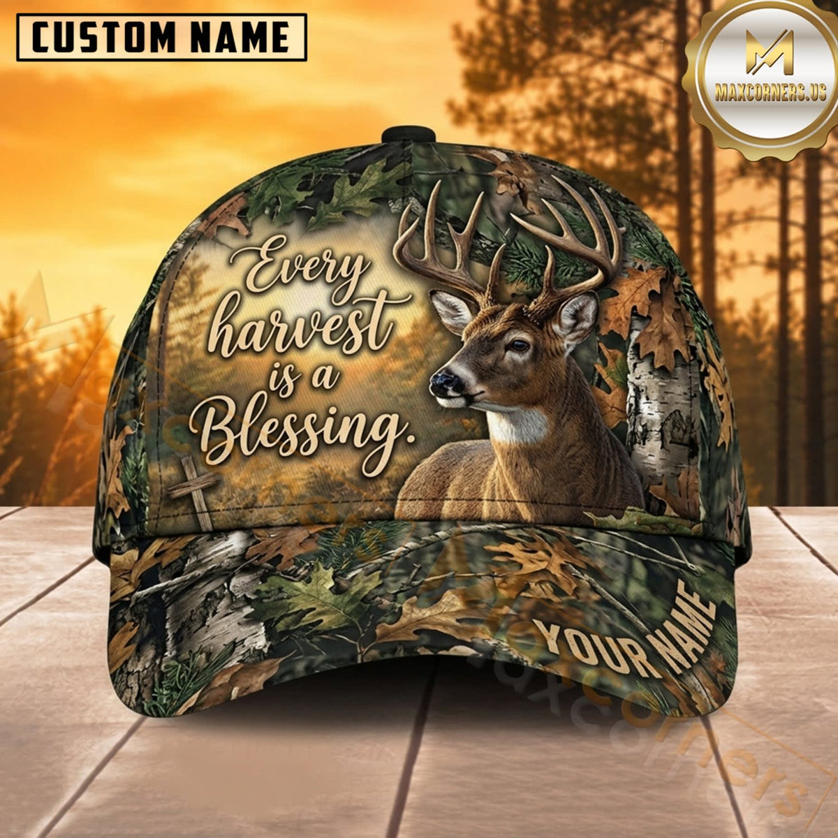 Maxcorners Deer Hunting Whitetail Buck Every Harvest Is a Blessing Forest Camo Customized Name 3D Cap