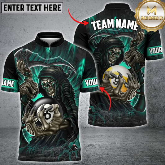 Maxcorners Billiards 8 Ball, 9 Ball Skull Reaper Spider Multicolor Options Personalized Name And Team Name 3D Polo (4 Colors)