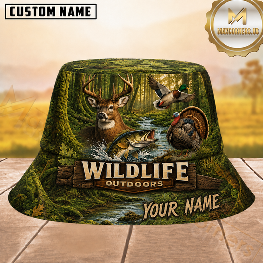 Maxcorners Hunting Wildlife Outdoor Mossy Green Forest Personalized Name 3D Bucket Hat