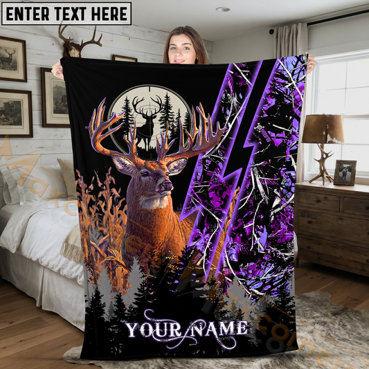 Maxcorners Deer Hunting Buck Lightning Strike Purple Camo Forest Personalized 3D Blanket