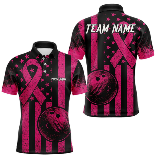 Maxcorners Black and Pink ribbon American Flag Bowling Shirts For Men Custom Breast Cancer team bowling shirts LM064
