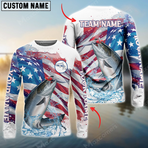 Maxcorners Salmon Fishing Watercolor Usa Flag Personalized Name, Team Name 3D Long Sleeve Shirt