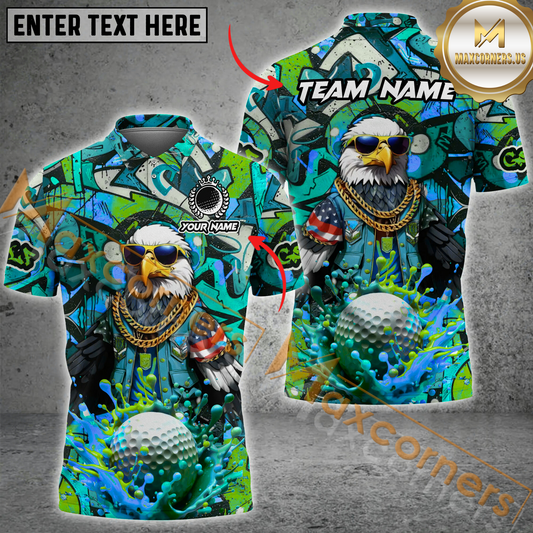 Maxcorners Golf Funny Eagle Colorful Graffiti Multicolor Option Customized Name, Team Name 3D Polo Shirt