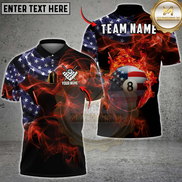 Maxcorners Billiard American Flag Fire 8 Ball Personalized Name Team Name 3D Shirt