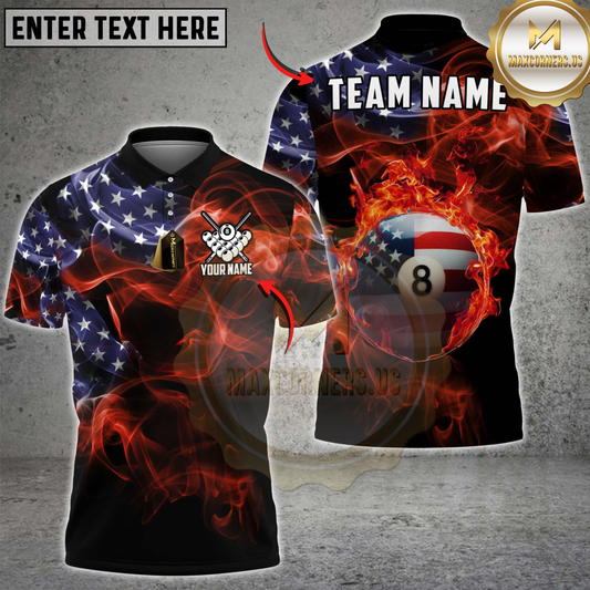 Maxcorners Billiard American Flag Fire 8 Ball Personalized Name Team Name 3D Shirt