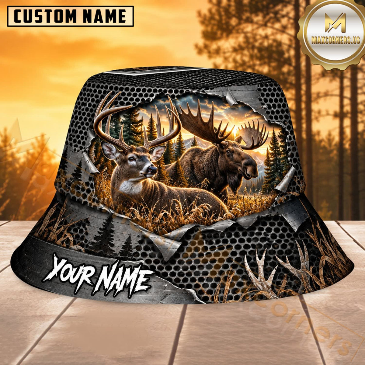 Maxcorners Deer Hunting Golden Woodland Antler Personalized Name 3D Bucket Hat