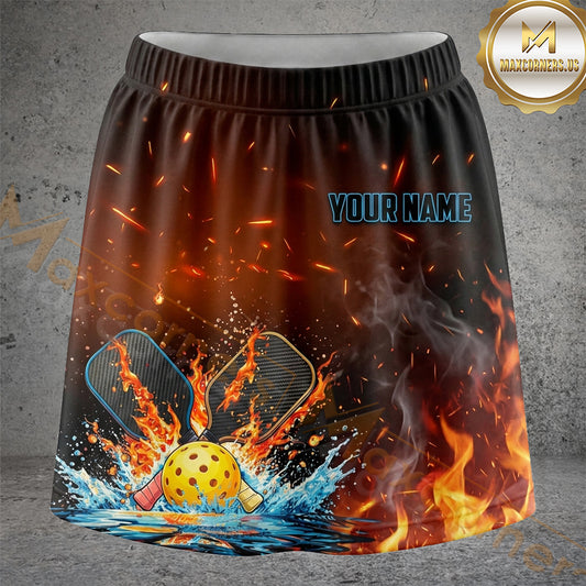 Maxcorners Pickleball Orange Fire Splash Ball Personalized 3D Skort, Skirts With Shorts