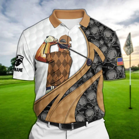 MaxCorners Premium Coolest Golf Skull Brown Pattern Golf Polo Shirts Multicolored Customized Name Polo For Men