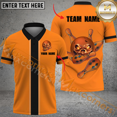 Maxcorners Orange And Black Funny Ball Skull Bowling Jersey Customized Name, Team Name 3D Polo Shirt