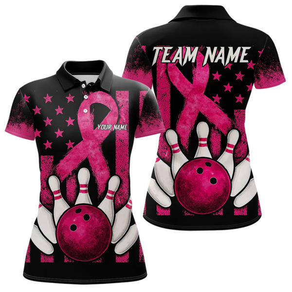 Maxcorners Breast Cancer Bowling Shirts For Men Custom Black and Pink ribbon American Flag Bowling Team Jerseys LM064