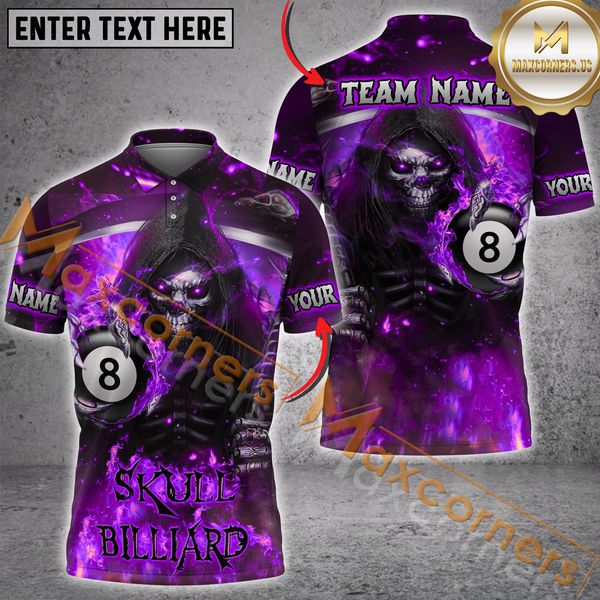 Maxcorners Custom Billiard Team Jersey, Skull Billiard With Flaming 8-Ball Personalization Name And Team Name