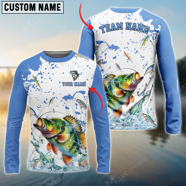 Maxcorners Panfish Fishing White Light Blue Personalized Name, Team Name 3D Long Sleeve Shirt