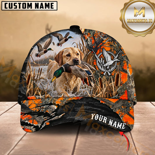Maxcorners Dog Hunting And Duck Orange Gray Camo Skull Marsh Hunting Scene Multiple Options Personalized Name 3D Cap