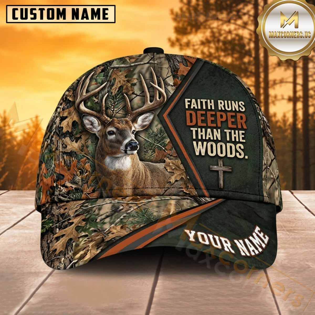 Maxcorners Deer Hunting Whitetail Buck Faith Runs Deeper Than the Woods Cross Camo Customized Name 3D Cap