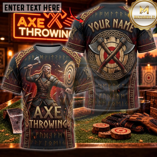 Maxcorners Axe Throwing Vintage Red Axe Warrior Personalized Name 3D Unisex Shirt