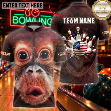 Maxcorners Bowling Funny Monkey Face US Flag Pins Graphic Customized Name, Team Name 3D Shirts