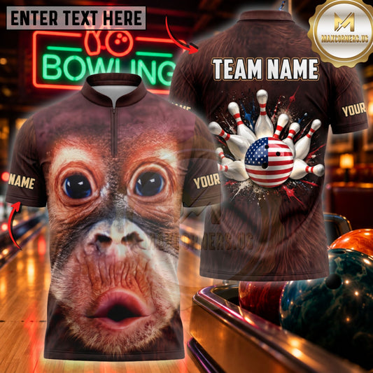 Maxcorners Bowling Funny Monkey Face US Flag Pins Graphic Customized Name, Team Name 3D Shirts