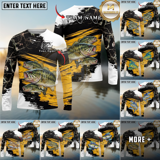 Maxcorners  Fishing Rustic Camouflage Personalized Name, Team Name Long Sleeve Shirt (9 Fish Species)