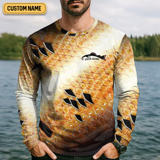 Maxcorners Yellow Fish Scale Fishing UPF Shirts, Custom Fishing Shirt, Gift For Fisherman, Mens Casual Shirts