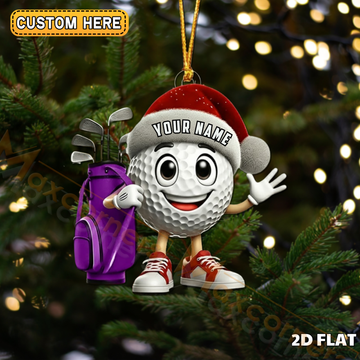 Maxcorners Cute Golf Ball Character Santa Hat Purple Golf Bag Personalized Name Christmas Ornament 2D Flat