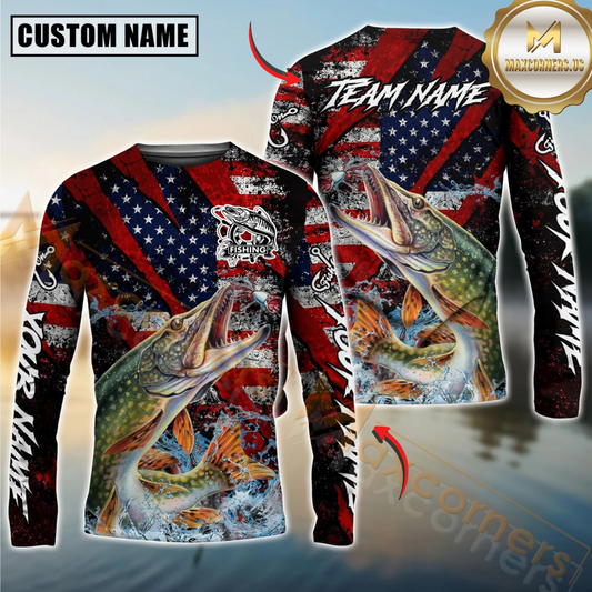 Maxcorners Fishing American Flag Grunge Red Scratch Custom Name & Team Name 3D Shirts