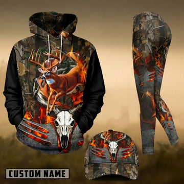 Maxcorners Hunting Flaming Whitetail Deer Skull Forest Camo 3D Combo Hoodie, Legging Set & Cap