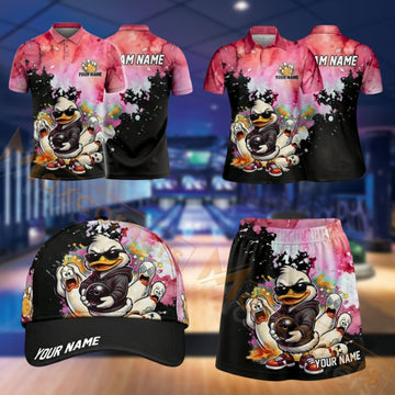 Maxcorners Bowling Funny Duck Bowling Ball Design Personalized Team Sportswear Set - Polo Shirt, Cap & Skorts