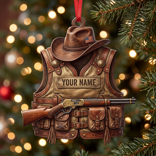Maxcorners Hunting Rustic Cowboy Vest And Classic Rifle Personalized Name 3D Keychain And Ornament