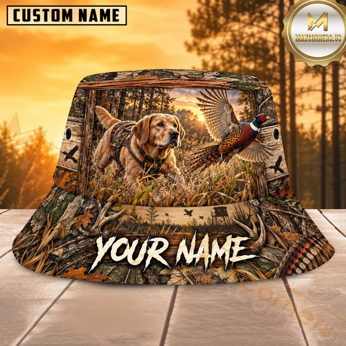 Maxcorners Pheasant Hunting Dog Rustic Marsh Personalized Name 3D Bucket Hat