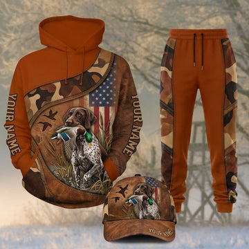 Maxcorners Duck Hunting German Shorthaired Pointer American Flag Orange Personalized 3D Shirts
