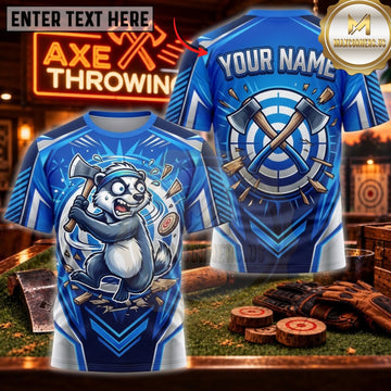 Maxcorners Axe Throwing Cute Blue Cartoon Character Personalized Name 3D Unisex Shirt