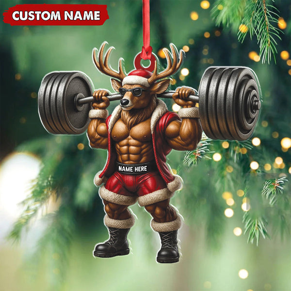 Maxcorners Personalized Acrylic Muscle Deer Christmas Ornament - Custom Weightlifting Holiday Decoration LM0110