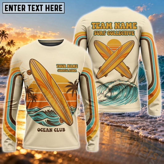 Maxcorners Surfboard Graphic & Tropical Palm Tree Wave Art Customized Name, Team Name 3D Long Sleeve Shirt