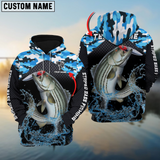 Maxcorners Striped Bass Fishing Blue Camo Sport Personalized Name, Team Name 3D Long Sleeve Shirt