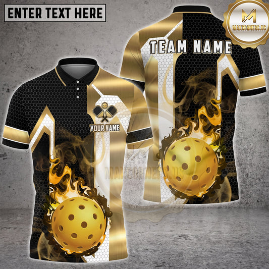 Maxcorners Pickleball Polo Flaming Ball Geometric Honeycomb Multiple Options Personalized Name, Team Name 3D Shirt