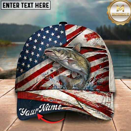Maxcorners Fishing Vintage American Flag Grunge Personalized 3D Cap (12 Fish Species)