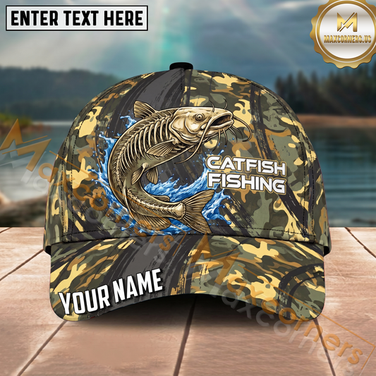 Maxcorners Fishing Camo Skeleton Water Splash Personalized Name 3D Cap (12 Fish Species)