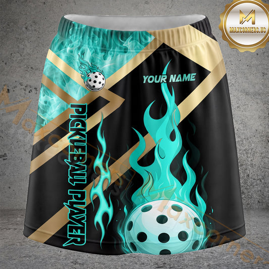 Maxcorners Pickleball Black Teal Flame Ball Personalized 3D Skort, Skirts With Shorts