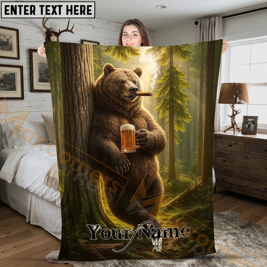 Maxcorners Cool Brown Bear Drinking Beer in Forest Personalized 3D Blanket