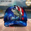 Maxcorners Fishing American Flag Galaxy Personalized Name 3D Cap (12 Fish Species)