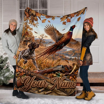Maxcorners Hunting Flying Pheasant Pointer Dog Hunter Shotgun Horn Custom Name 3D Blanket