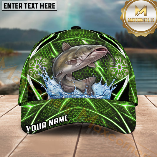 Maxcorners Fishing Green Neon Honeycomb Water Splash Personalized Name 3D Cap (12 Fish Species)