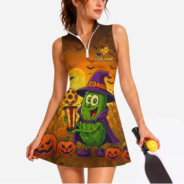 Maxcorners Pickleball Sleeveless Zipper Sports Dress Set Halloween Green Monster Pumpkins Personalized Name 3D Sleeveless Zipper Sports Dress Set