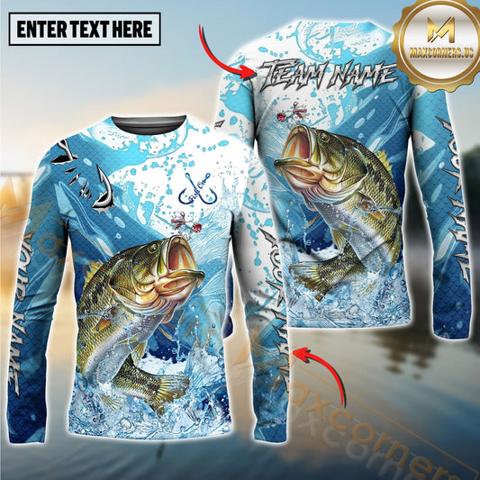 Maxcorners Fishing Blue Water Splash Personalized Name, Team Name 3D Long Sleeve Shirt ( 12 Fish Species)