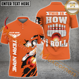 Maxcorners Bowling And Pins Orange Customized Name, Team Name 3D Polo Shirt