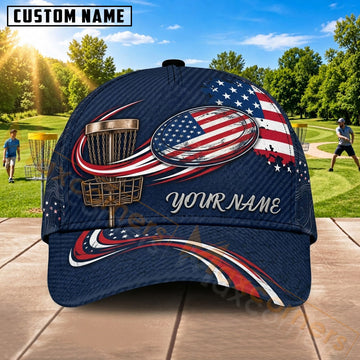 Maxcorners Disc Golf Flying Disc & Stars and Stripes Wave Graphic Customized Name 3D Cap