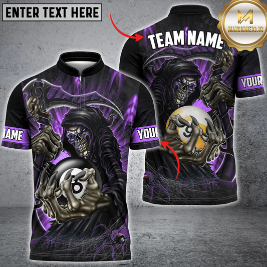 Maxcorners Billiards 8 Ball, 9 Ball Skull Reaper Spider Multicolor Options Personalized Name And Team Name 3D Polo (4 Colors)