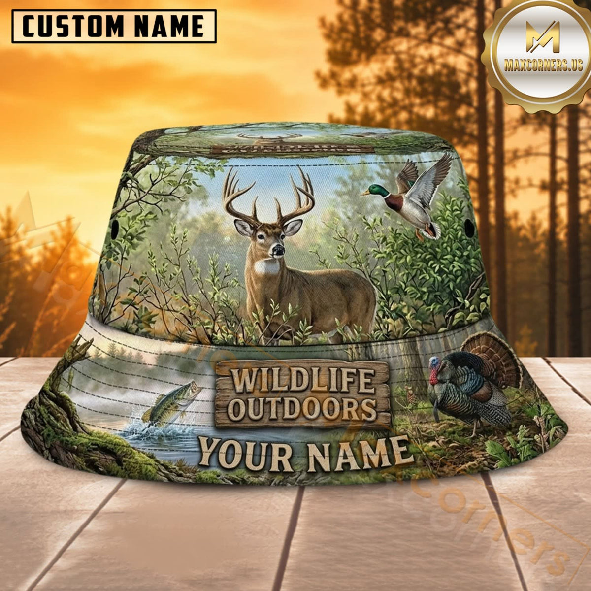 Maxcorners Deer Hunting Green Mountain Wilderness Personalized Name 3D Bucket Hat