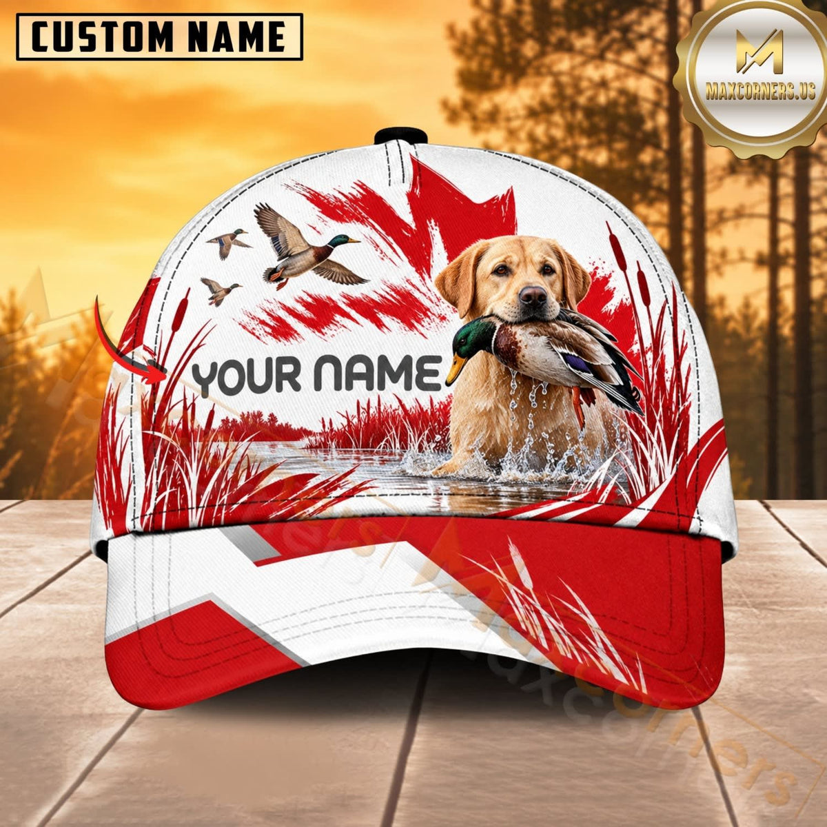 Maxcorners Dog Hunting And Duck Canadian Maple Leaf Red White Marsh Personalized Name 3D Cap